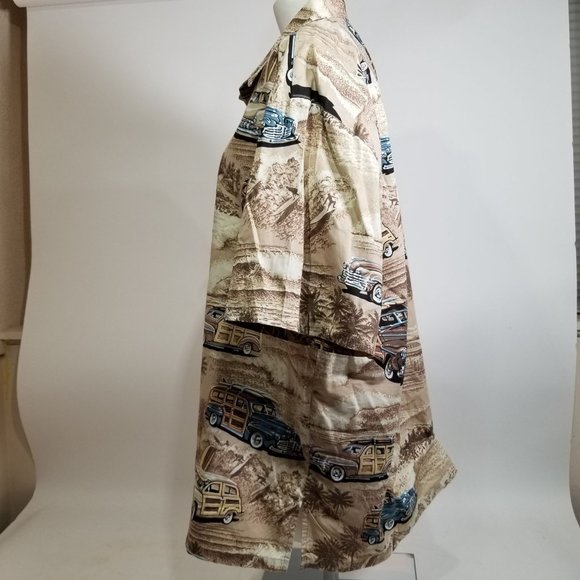 Kai Hawaii Hawaiian Shirt Woodie Wagon Car Beach Palm Tree 2XL XXL Brown Button - Picture 5 of 10